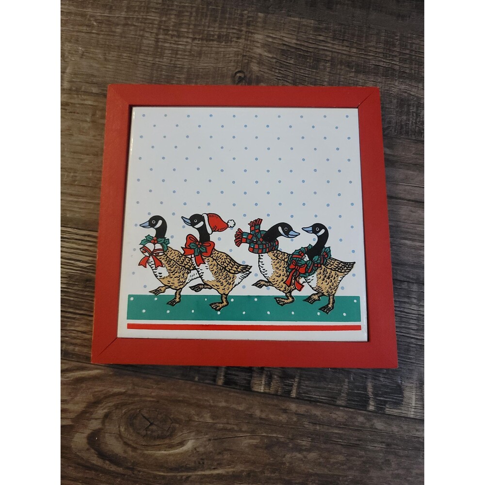 Winter Geese Blue Polka Dot Red Wood Framed Trivet 7x7